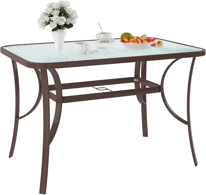 soges 47in Outdoor Patio Bistro Coffee Tea Table, Rectangular Tempered Glass Steel Frame Dining Table with Umbrella Hole,All Weather Outside Desk for Garden Balcony Backyard, Brown 30LHYW-OT02BR120