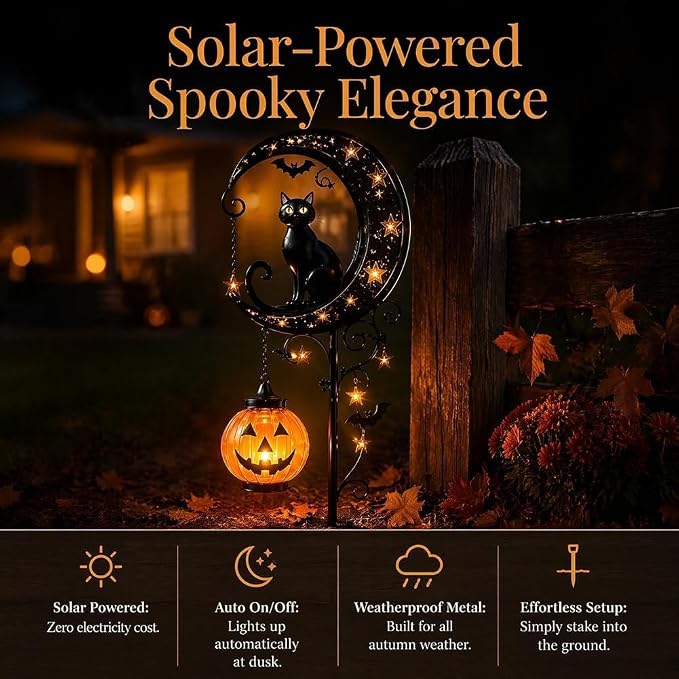 Solar Halloween Black Cat Garden Stake Light – Metal Crescent Moon & Pumpkin Lantern Yard Decor, Auto On/Off Waterproof LED Landscape Lighting for Patio Lawn Pathway (A)
