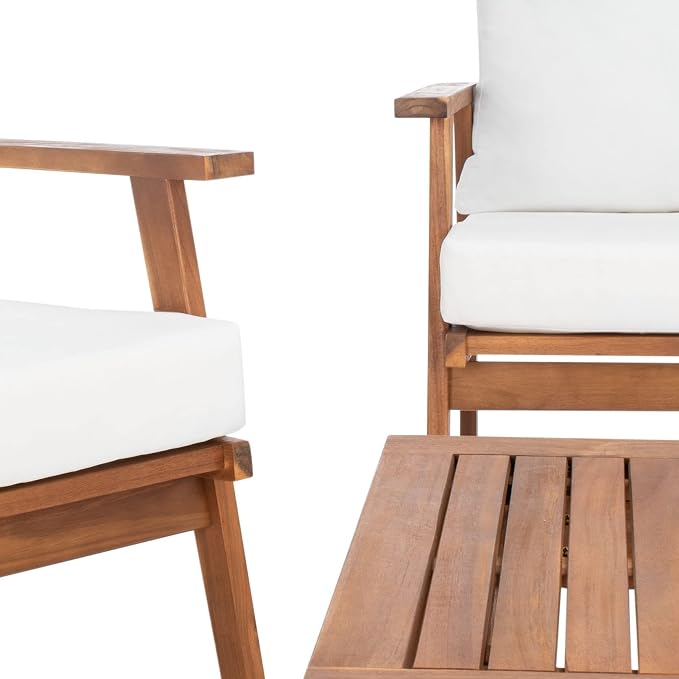 SAFAVIEH Outdoor Collection Castalia Natural Acacia Wood/Beige Cushion 4-Piece Conversation Patio Set