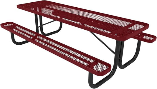 COATEDOUTDOORFURNITURE Heavy-Duty Portable Outdoor Picnic Table, Thermoplastic Coated Expanded Metal Commercial-Grade Patio Dining Furniture Made in America (8ft Rectangular, Burgundy)