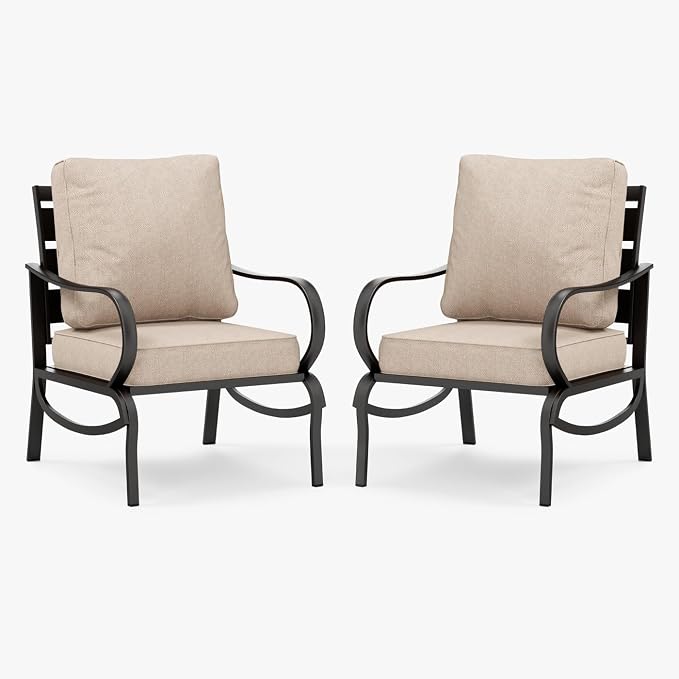 MFSTUDIO Metal Patio Conversation Sets, Outdoor Furniture Sofas Set of 2, 2 Pieces Durable Steel Frame Patio Chairs with 5.8" Beige Cushions for Patio Garden Backyard Balcony