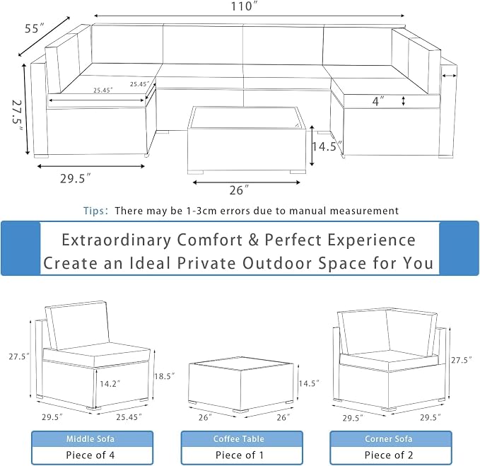 ALAULM 7 Pieces Patio Furniture Set Wicker Patio Conversation Set, Outdoor Sectional Furniture w/Coffee Table & Washable Seat Cushions-Dark Blue