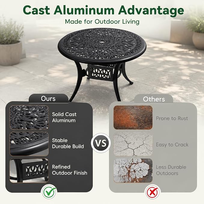 IRONORA 35 Inch Outdoor Dining Table Cast Aluminum, Patio Round Bistro Table with Umbrella Hole for Backyard, Garden, Patio, Porch, Poolside