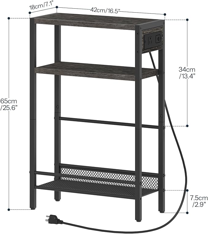 HOOBRO Small Narrow Side Table with Charging Station, Skinny End Table for Small Spaces, Slim Nightstand with USB Ports Outlet, Sofa Beside Table with Storage Shelf, Charcoal Black BC102UBZ01