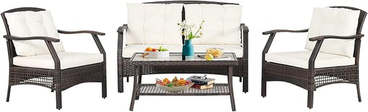 HAPPYGRILL 4 Piece Outdoor Rattan Conversation Set, Patio Rattan Sofa Set with Protective Cover, Soft Seat & Back Cushions, Patio Furniture Set with Sturdy Steel Frame