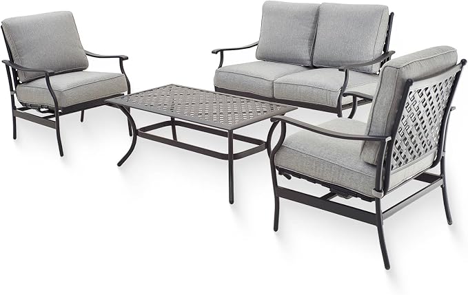 Patio Conversation Set 4 Pieces Cushioned Outdoor Furniture Sets with All Weather Frame Grey Cushion for Porch Backyard Lawn
