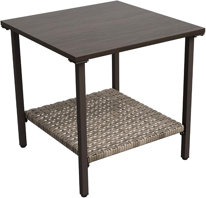 COOS BAY Aurora Terrace Outdoor Side Table, 2 Tier Metal Patio Table with Storage, Wood Grain Top Garden Side Table, All Weather Wicker Furniture