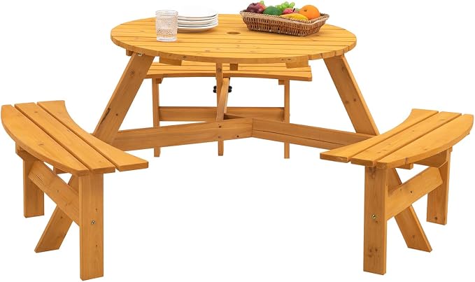 8-Person Round Picnic Table with 4 Built-In Benches & Umbrella Hole, Wooden Picnic Tables for Outdoors, Patio, Backyard, Garden, 66.92"X66.92"X27.55, 2220lb Capacity (Round, Natural, 6-Person)