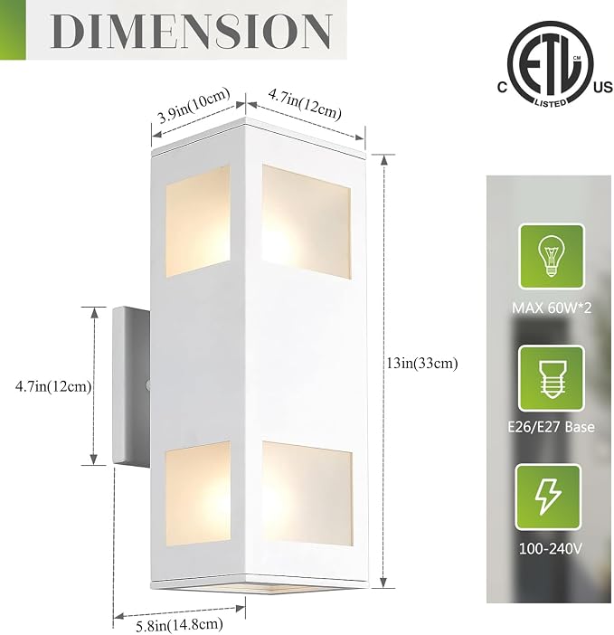 harriet Porch Lights Outdoor Modern - IP64 Waterproof Aluminum and Tempered Glass Cover, 13" Rectangular Up/Down Wall Sconce for Porch, Garage & Patio, Exterior Lighting, White, 2 Pack