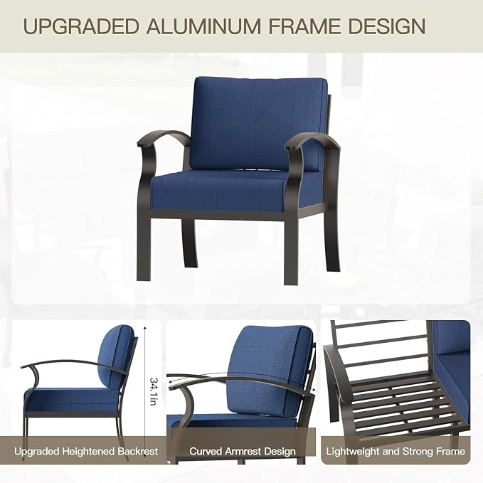 Aluminum Outdoor Patio Conversation Furniture Set,5 Seats Metal Modern Outdoor Furniture with Coffee Table & Washable 5.1" Thick Cushions,Patio Sectional for Backyard,Patio,Navy