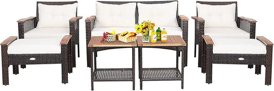 Tangkula 7 Piece Wicker Patio Furniture Set, Patiojoy Acacia Wood Patio Conversation Set with 2 Ottomans and 2 Storage Side Tables with Lower Shelf, Outdoor Cushioned Sectional Sofa Set (Off White)