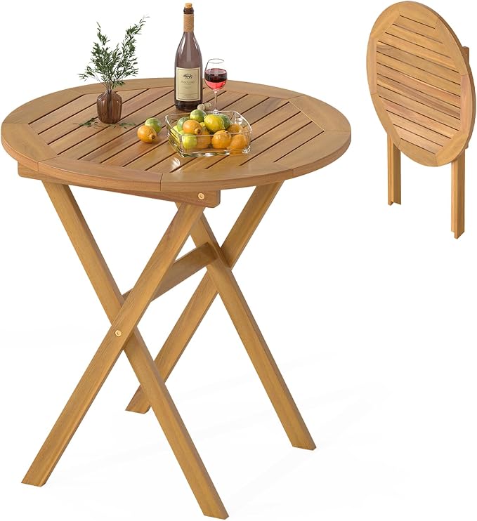 RELAX4LIFE Round Outdoor Folding Table - 26’’ Acacia Wood Patio Bistro Table w/Slatted Tabletop for Indoor Outside Dining Camping, Portable Foldable Wooden Furniture for Garden Backyard Porch (1)