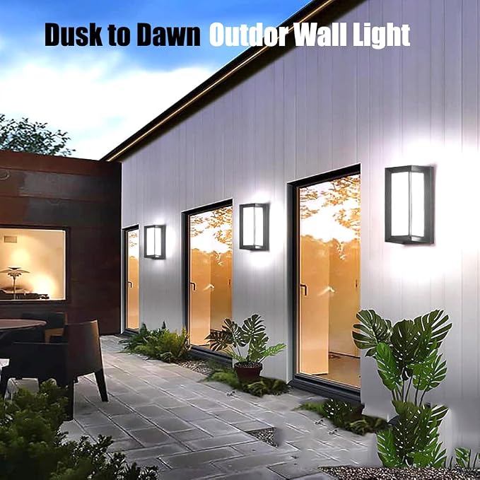Outdoor Wall Light Dusk to Dawn,Modern Exterior Wall Sconce LED,6000k Black Exterior Wall Fixtures,Ouside Light for House Garage Walkway Backyard Garden