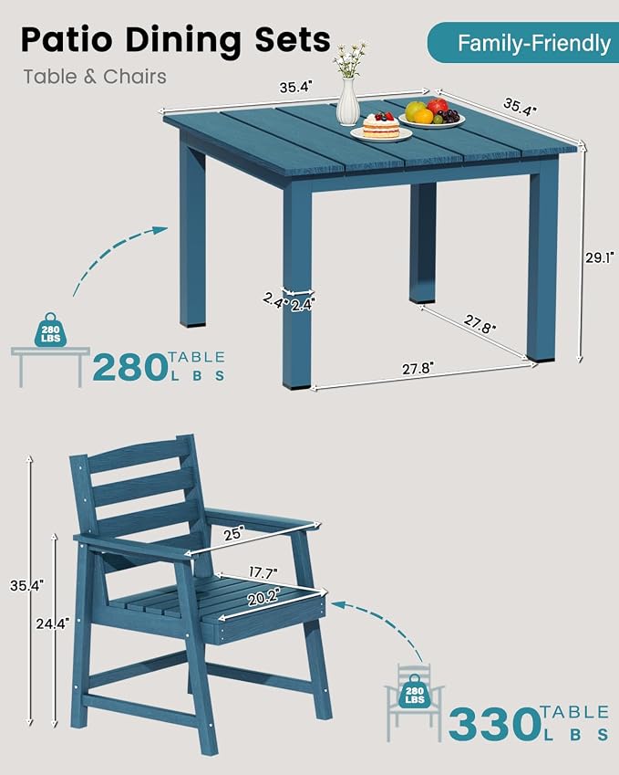 LOUNZY 5 Piece HDPE Patio Dining Set for 4, All Weather Furniture,Navy | 4 person HDPE outdoor table and chairs set, wood-look, 304 stainless steel hardware, strong and stable for daily patio