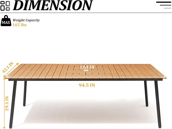 95" Patio Outdoor Dining Table for 8-10, Weather-Resistant Wood-Grain Top with Aluminum Frame & Umbrella Hole for Deck Gatherings, Brown