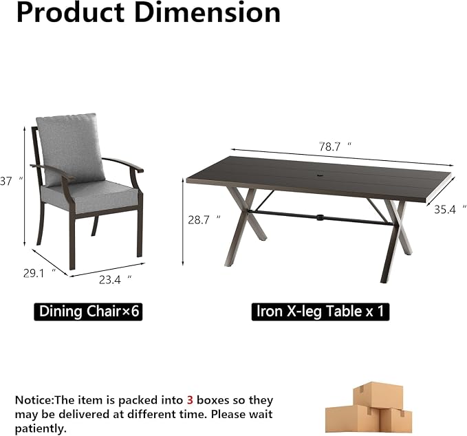 Kullavik 7 Pieces Outdoor Dining Set,Patio Dining Table and Chairs Set for 6,Fence Pattern Back Chairs with Thickened Cushions & Rectangular Metal Dining Table with Umbrella Hole for Patio,Grey