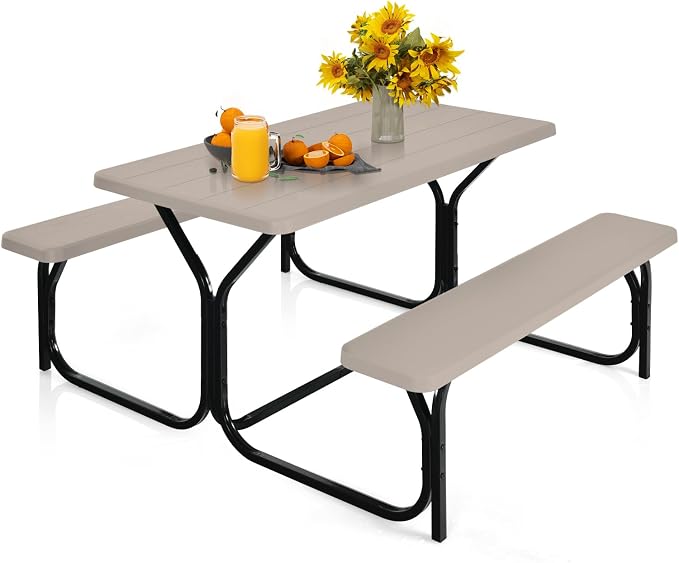 ORALNER Picnic Table, Plastic Dining Table & 2 Benches Set, Weather Resistant Wood Grain Resin Tabletop & Steel Frame, Picnic Tables for Outdoors, Porch Yard Patio Lawn Party Camping (Light Brown)