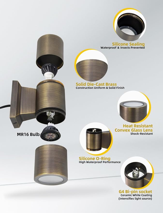 COLOER Brass Outdoor Cylinder Wall Lights(Bronze 6.875" H x 4.25" W) with 5W LED MR16, 12V Low Voltage Porch Light in 2 Lights, 2700K Up Down Lights, Outside Light for House Porch Patio Door