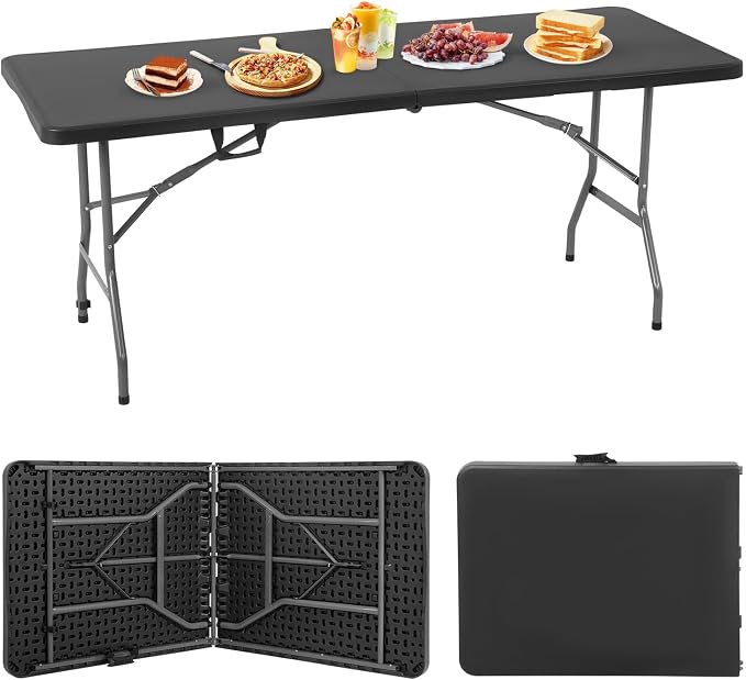 6FT White Folding Table, Portable Collapsible Dinner Table – Indoor/Outdoor Use for Camping, Patio, Yard, Wedding, Party & Cocktail Display, 500LBS (Black)