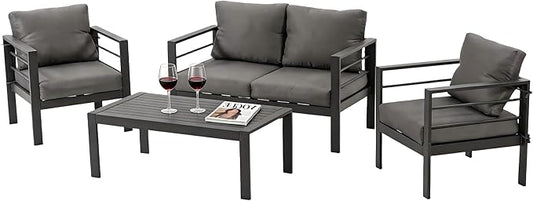 4 Piece Heavy Duty Metal Patio Furniture Set, Outdoor Conversation Set with High Weight Capacity, All-Weather Classic Iron Sofa with Coffee Table & Washable Thick Cushions for Deck, Porch, Grey