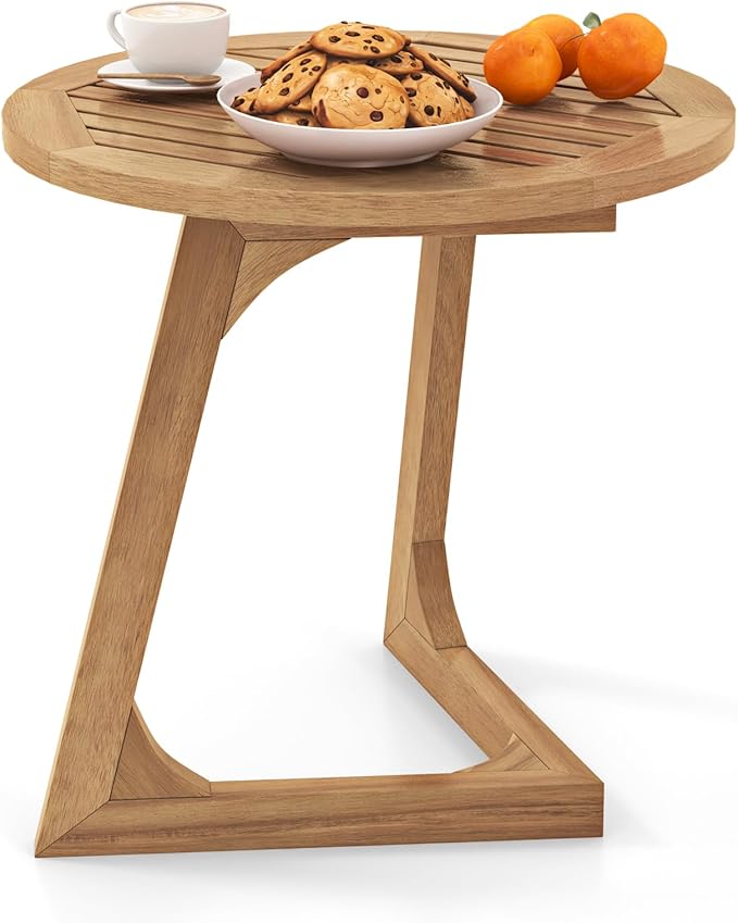 Giantex Teak Wood Outdoor Side Table, Round Patio End Table with Slatted Tabletop, Waterproof Sofa and Couch Side Table for Porch, Poolside, Living Room, Small Spaces, Easy Assembly, Natural