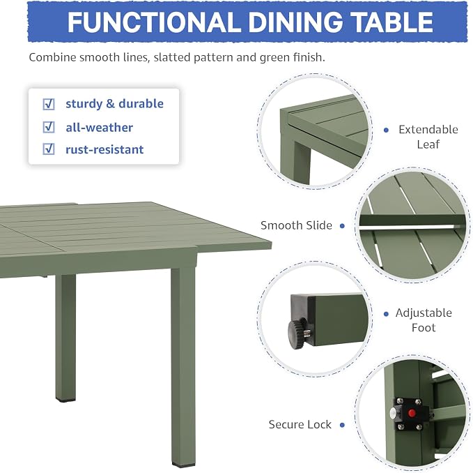 Soleil Jardin 9-Piece Outdoor Patio Dining Set, 59" - 83" Aluminum Expandable Outdoor Dining Table Set for 8, 8 Stackable Chairs with Beige Removable Cushions, Green