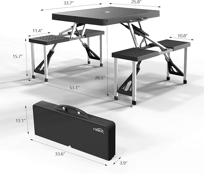 VINGLI 4Ft Portable Folding Picnic Table Camping Table Foldable Set with 4 Seats with Umbrella Hole Suitcase Card Table-220 Lbs Support Aluminum Frame, Plastic RV Tabletop for Yard, Travel