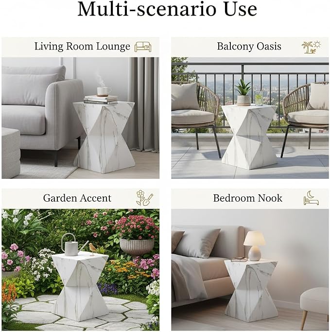 Outdoor Side Table Faux Marble Square Side Table Hourglass End Tables Small Coffee Tables for Patio Garden Stool for Porch, Backyard Balcony,12.2",Weather Resistant, White & Grey