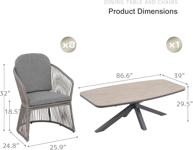 SUNSITT 9 Piece Outdoor Patio Dining Set, Patio Dining Furniture Set with 87” Aluminum Dining Table w/X Base Legs and 8 Woven Wicker Outdoor Patio Chairs w/Curved Armrest for Garden, Dark Grey