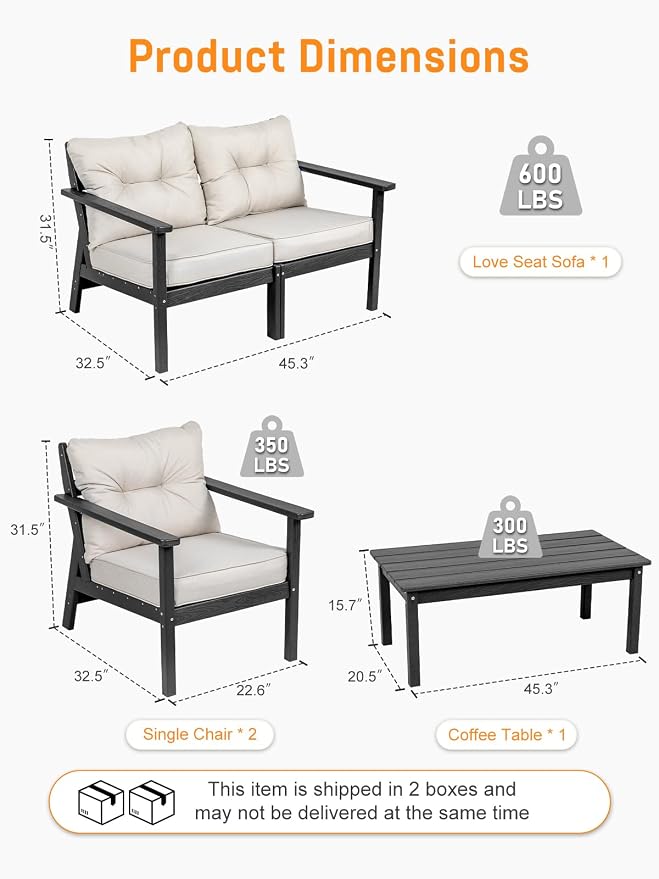 HDPE Patio Conversation Set 4 Seats, Outdoor Furniture Set, Patio Sofa Set | Water-Resistant Thick Cushion, HDPE All Weather, Wood-Grain, No Rot or Rust or Crack, UV Fade Shield, Easy-Clean for Outside