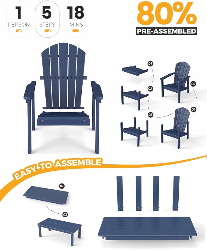 nevilywood 5-Piece HDPE Adirondack Chair Set, 4 Stackable Chairs Coffee Table, All-Weather Wood Grain, Patio Garden Backyard,Navy Blue