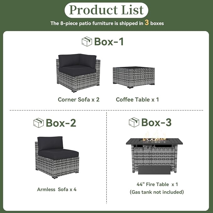 Aoxun 8 Piece Patio Furniture Set with 44” Fire Pit Table Wicker Rattan Outdoor Sectional Sofa Set with Coffee Table and Thickened Cushions, Black