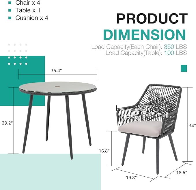 Patiorama 5-Piece Patio Dining Set, Outdoor Dining Table Chair Set, All-Weather Twisted Rattan Wicker Rope Conversation Set,Patio Furniture Set w/Umbrella Hole,Cushioned Chairs&Table(Black&Cross Back)