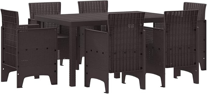 7pc Brown Poly Rattan Garden Dining Set Modern Patio Furniture Set with 6 Chairs and 1 Rectangular Table UV Resistant Matte Finish Outdoor Dining Set for Backyard Balcony and Lawn