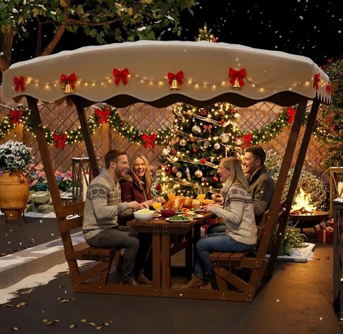 Outdoor Waterproof Solid Wood Picnic Table and Bench Set with Removable Canopy - Suitable for All-Weather patios, Gardens, Decks, Parks, Beaches