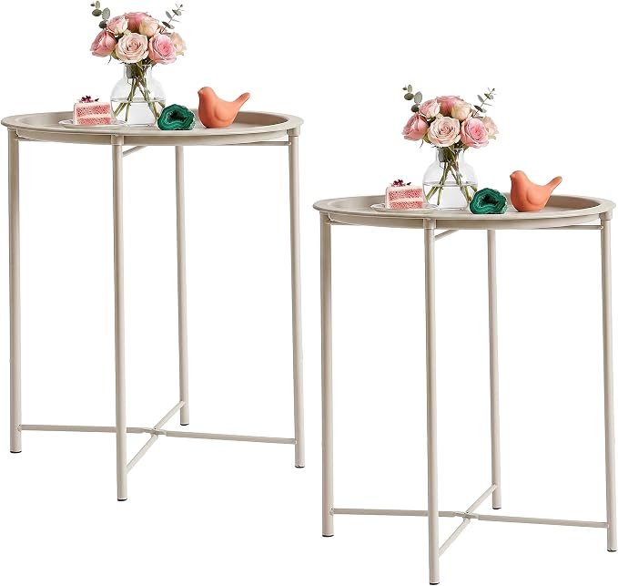 VECELO Side/End Table, Folding Round Metal Anti-Rust and Waterproof Outdoor or Indoor Tray for Living Room Bedroom Balcony and Office, 2 PCS, Grey