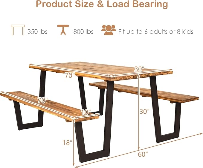 COSTWAY Acacia Wood Picnic Table, 70” Tabletop with Umbrella Hole, Patented Design, Strong Metal Frame, 6 Person Outdoor Picnic Table Bench Set for Patio, BBQ, Dining