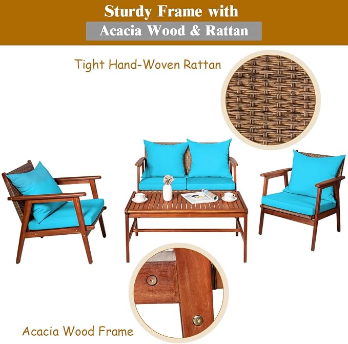 Tangkula 4 PCS Patio Wood Sofa Set, Outdoor Acacia Wood Seating Chat Set with Cushions & Coffee Table, Sectional Conversation Sofa Set for Garden, Backyard, Poolside (1, Turquoise)