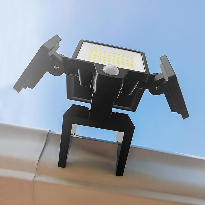 Insert Solar Lights AMS1971 1,000 Lumens Motion-Activated Triple-Head Solar-Powered Security Light with Tool-Free Gutter Mount Bracket (Black)