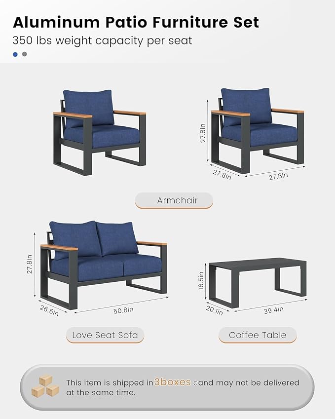 Aluminum Patio Furniture Set, 4 Piece Metal Outdoor Furniture Set with 6″ Thick Washable Cushions & Coffee Table, All Weather Patio Conversation Sets for Yard, Poolside, Garden (Navy Blue)