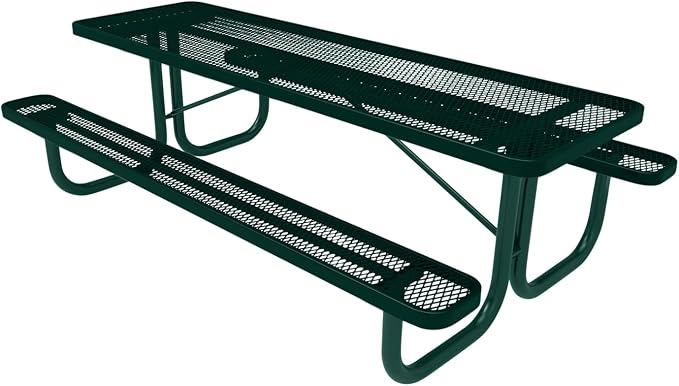 COATEDOUTDOORFURNITURE Heavy-Duty Portable Outdoor Picnic Table, Thermoplastic Coated Expanded Metal Commercial-Grade Furniture Made in America (8ft Rectangular, Dark Green with Dark Green Frames)