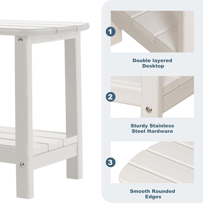 Adirondack Outdoor Side Table, 16.5” HDPE Small Patio Table with Storage Shelf, Weather Resistant End Table for Porch, Pool & Yard (White)