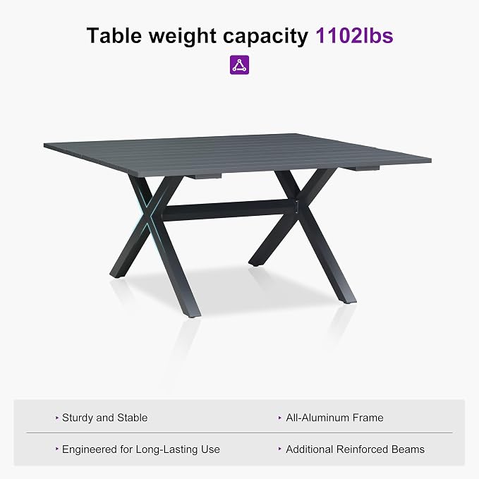 PURPLE LEAF 9 Pieces Outdoor Dining Set Patio Furniture Set with Aluminum Square Table and French Bistro Chairs for Deck Garden Backyard Patio Kitchen Set Gray Bamboo Finish Deep Blue