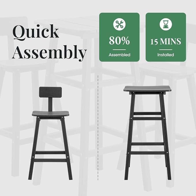 Bar Height Chairs Set of 2, HDPE Front Porch Chairs Set, Weather Resistance Outdoor Bar Stools Set for Spas, Cafes, Swimming Areas, Lodges and Hotels - Black