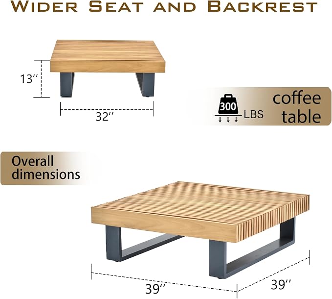 OTSUN Outdoor Coffee Table, Square Patio Dining Table with Teak Wood Slatted Top & Aluminum Frame Low Profile Patio Table for Backyard Poolside Balcony