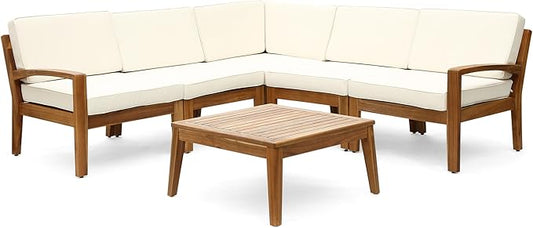 Christopher Knight Home Grena Outdoor Acacia Wood 5 Seater Sectional Conversation Set with Coffee Table, Teak and Beige