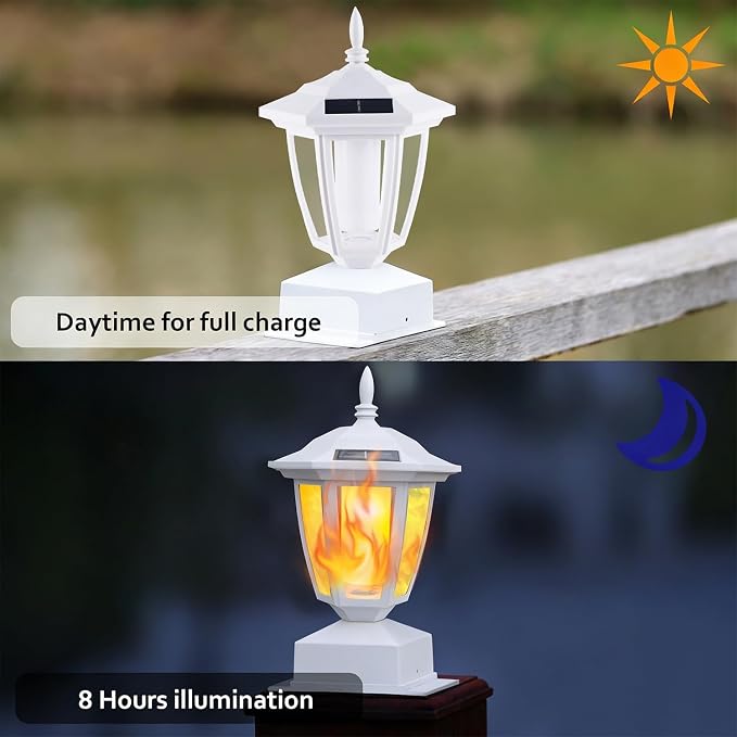 Dynaming 2 Pack Solar Flame Post Lights Outdoor, Solar Powered Lamps Fence Post Cap Lights, Flickering Flame LED Lantern Waterproof for Garden Deck Patio, Fit 4x4, 5x5 or 6x6 Wooden Posts, White Shell