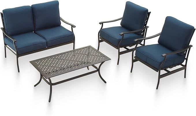 Patio Conversation Set 4 Pieces Cushioned Outdoor Furniture Sets with All Weather Frame for Porch Backyard Lawn (Navy-Blue)