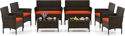 HAPPYGRILL 8 Pieces Outdoor Rattan Conversation Set, Patio Wicker Furniture Set with Loveseat Chairs & Tempered Glass Coffee Table, Outside Sectional Sofa Set for Backyard Garden Poolside, Orange