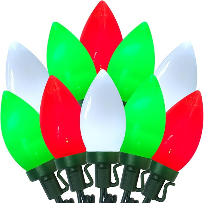 C9 LED Red White and Green Chistmas Lights, 25Ft Vintage Christmas Light 25 LED Red White Green String Lights Xmas Tree Light for Holiday Path Roofline Patio Party Wedding Xmas Decoration